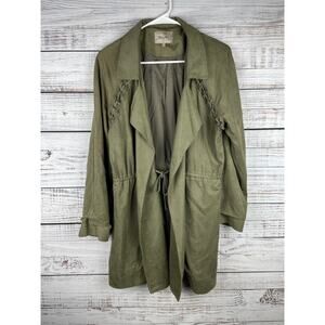 Miss Me Army Green Faux Suede Long Jacket Tie Front Boho Small Olive Utility